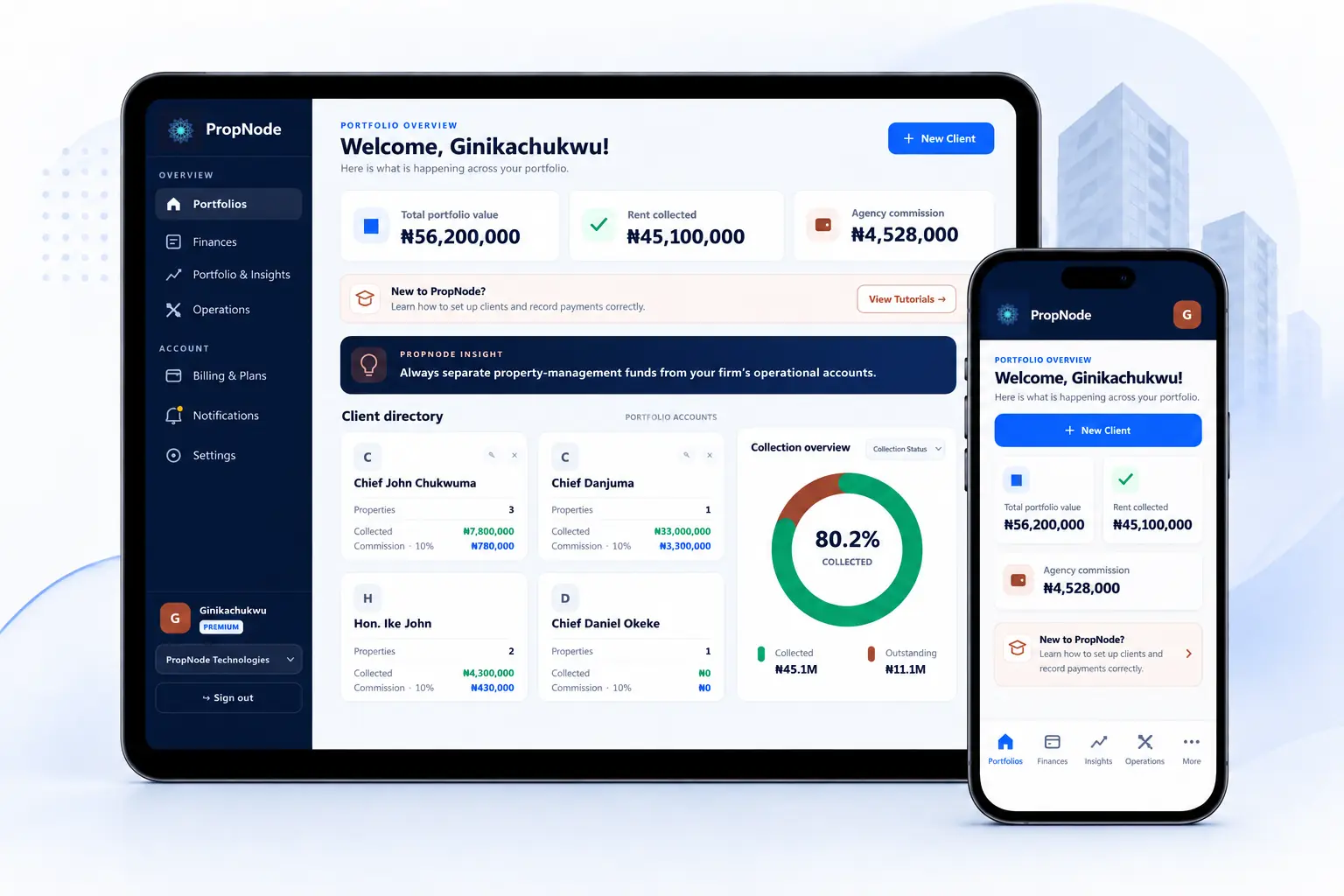 PropNode rental portfolio dashboard displayed on desktop and phone