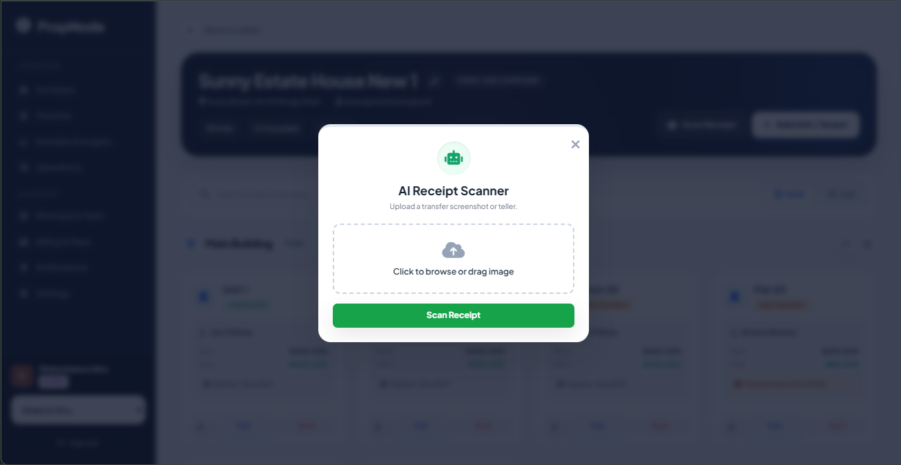 PropNode AI receipt scanner screen
