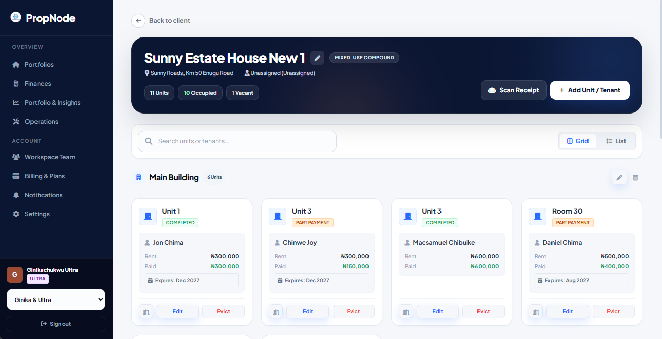 PropNode tenant assignment screen
